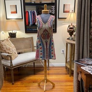 Beaded V-Neck Mini Dress in Cream, Pink, & Blue